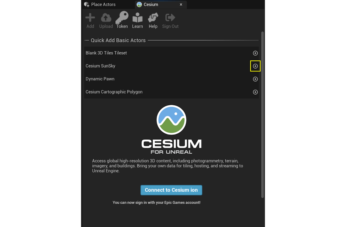 A screenshot of the Cesium panel, highlighting the button to add a Cesium SunSky.