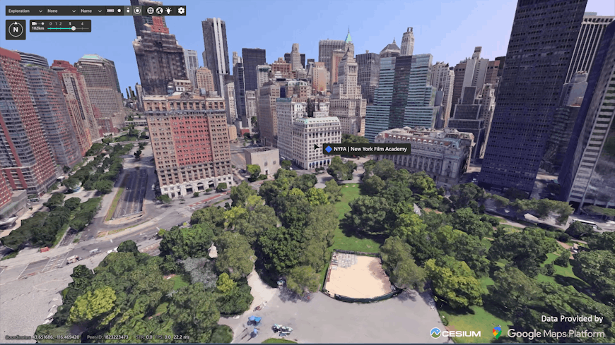 New York City, New York, USA, visualized with 3D Tiles for Godot, with Godot UI