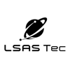 black and white logo with the words LSAS Tec with a diagonally spinning orb in motion with rings around the orb