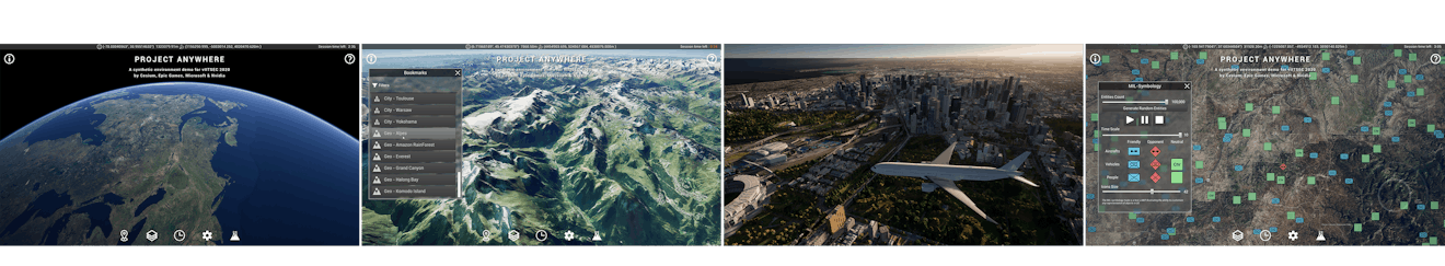 Four images from Project Anywhere: globe, terrain, airplane, symbols
