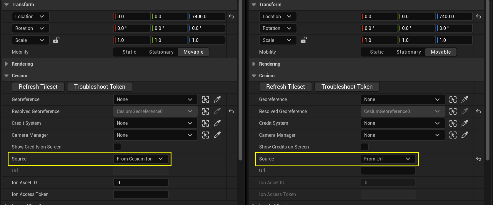 A screenshot showing how to change a Cesium3DTilest to load from a Url.