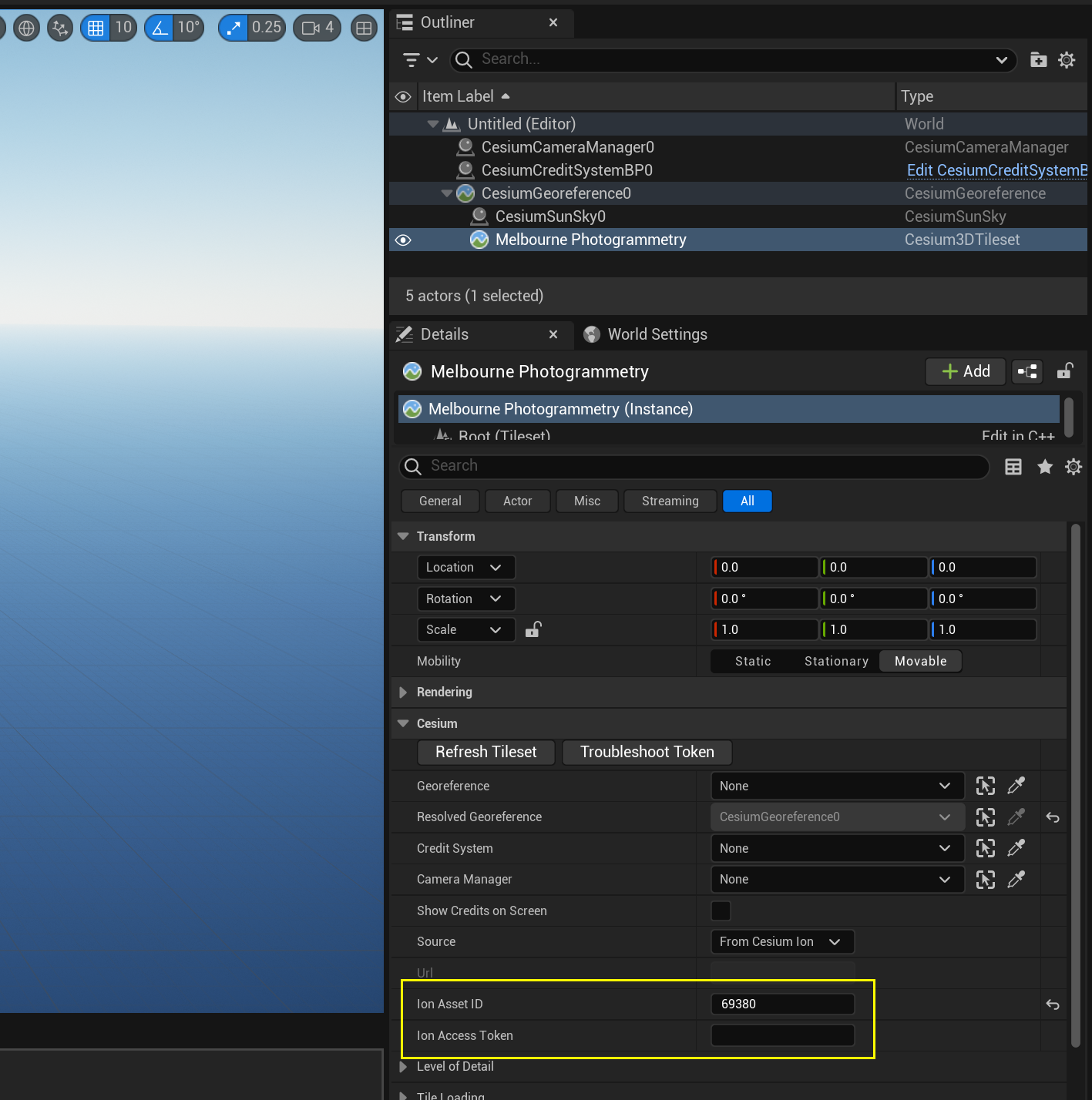 A screenshot of the Details panel for the Melbourne Photogrammetry Cesium3DTileset, highlighting the Ion Asset ID and Ion Access Token properties.