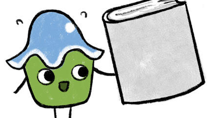 Ty the tiler, with a blue and white hat and green body, shaped like a cupcake, holds a gray book.